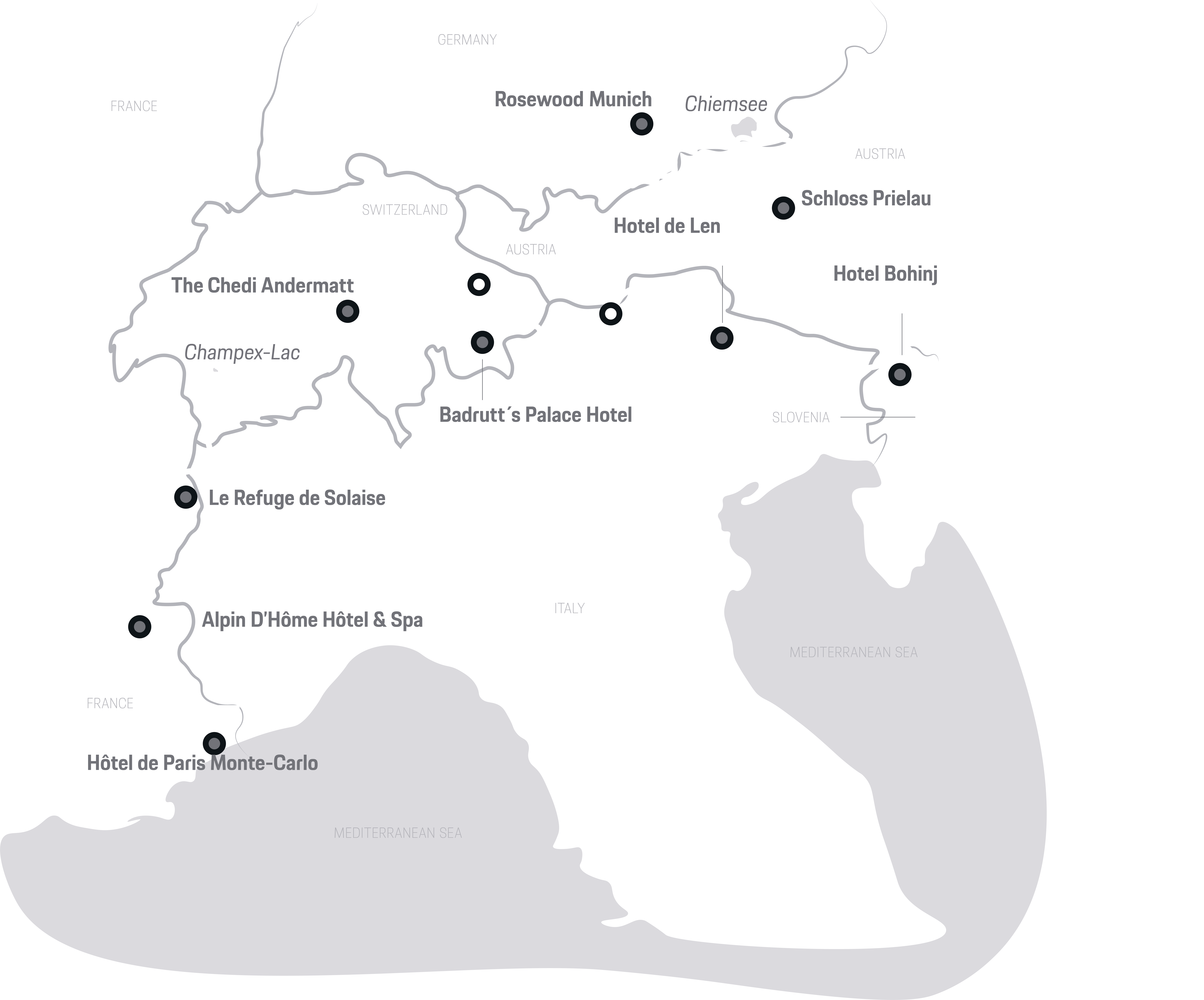 Map of luxury hotels in France, Switzerland, Germany, Austria, Slovenia, and Italy.