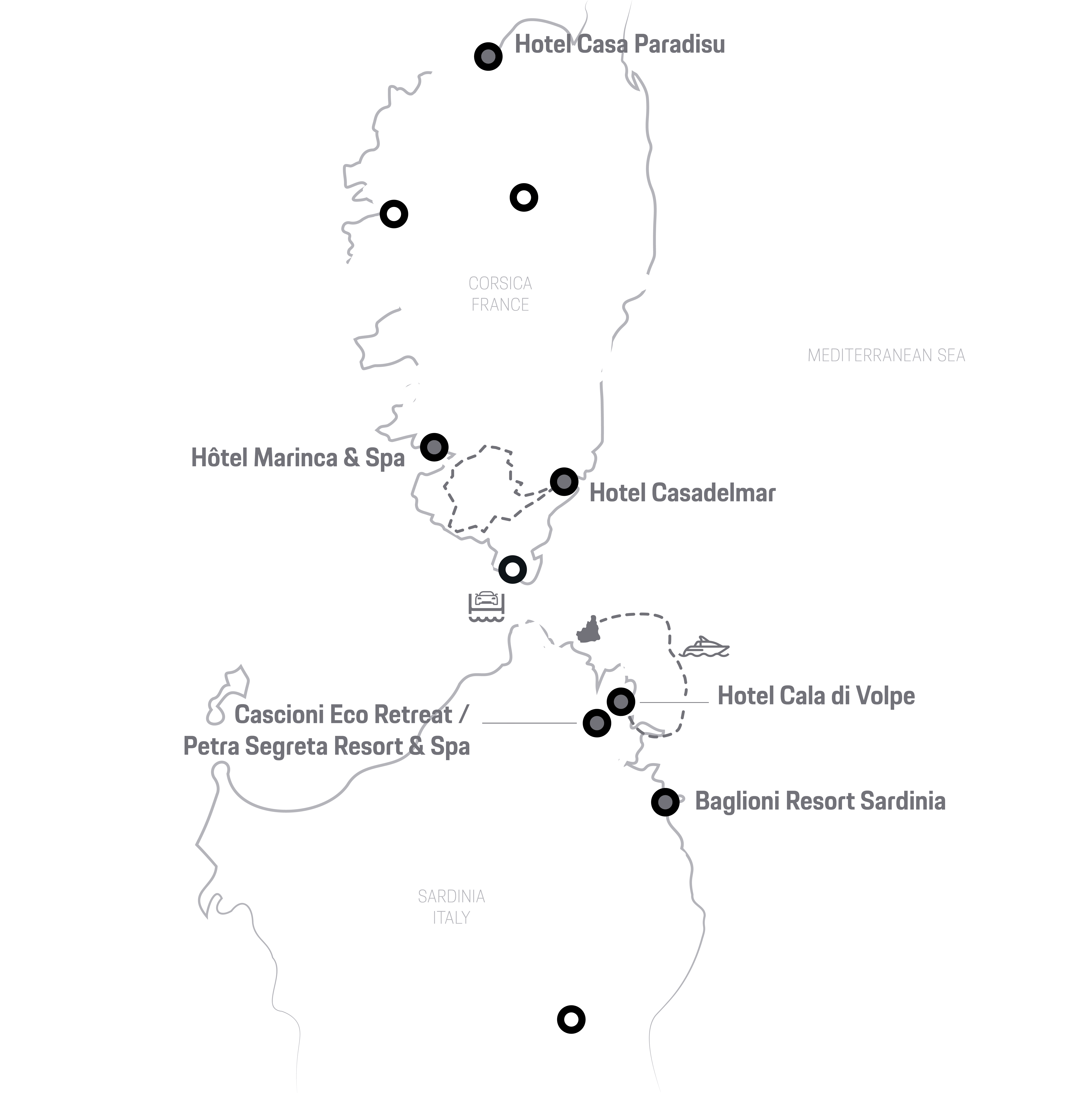 Map with labeled luxury hotels in Corsica and northern Sardinia.
