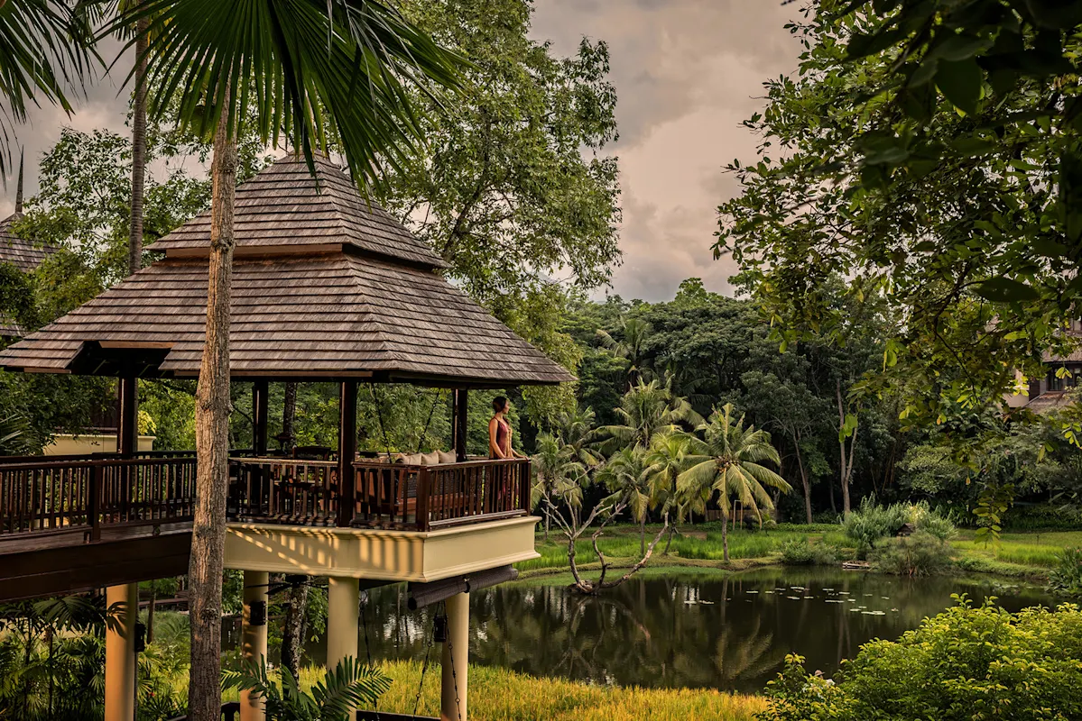 Person auf Pavillon bewundert Grünanlagen und Teich mit tropischen Bäumen.