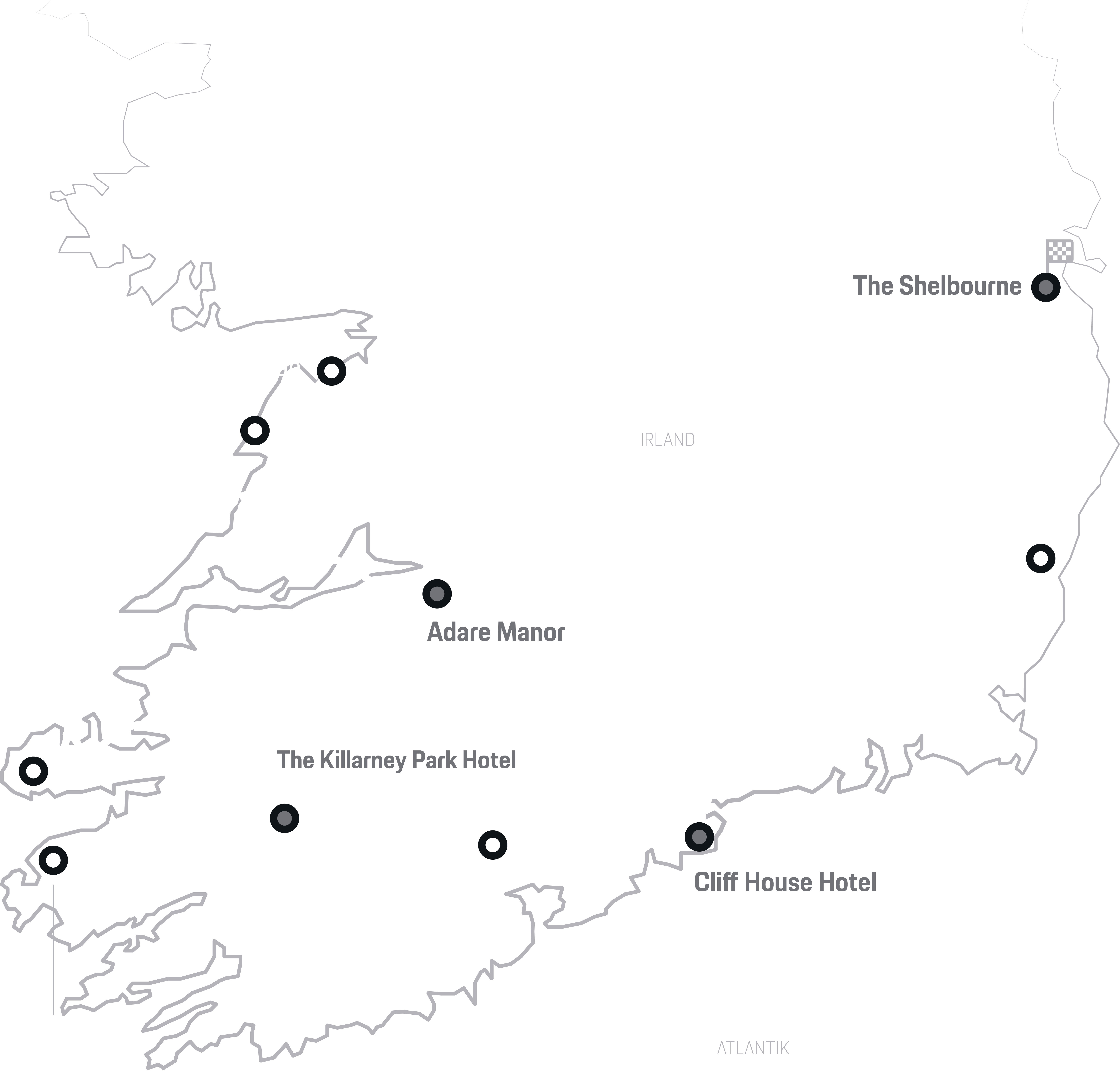 Karte von Irland zeigt Routenverlauf: Dublin, Gorey, Ardmore, Cork, Kenmare und weitere Orte.