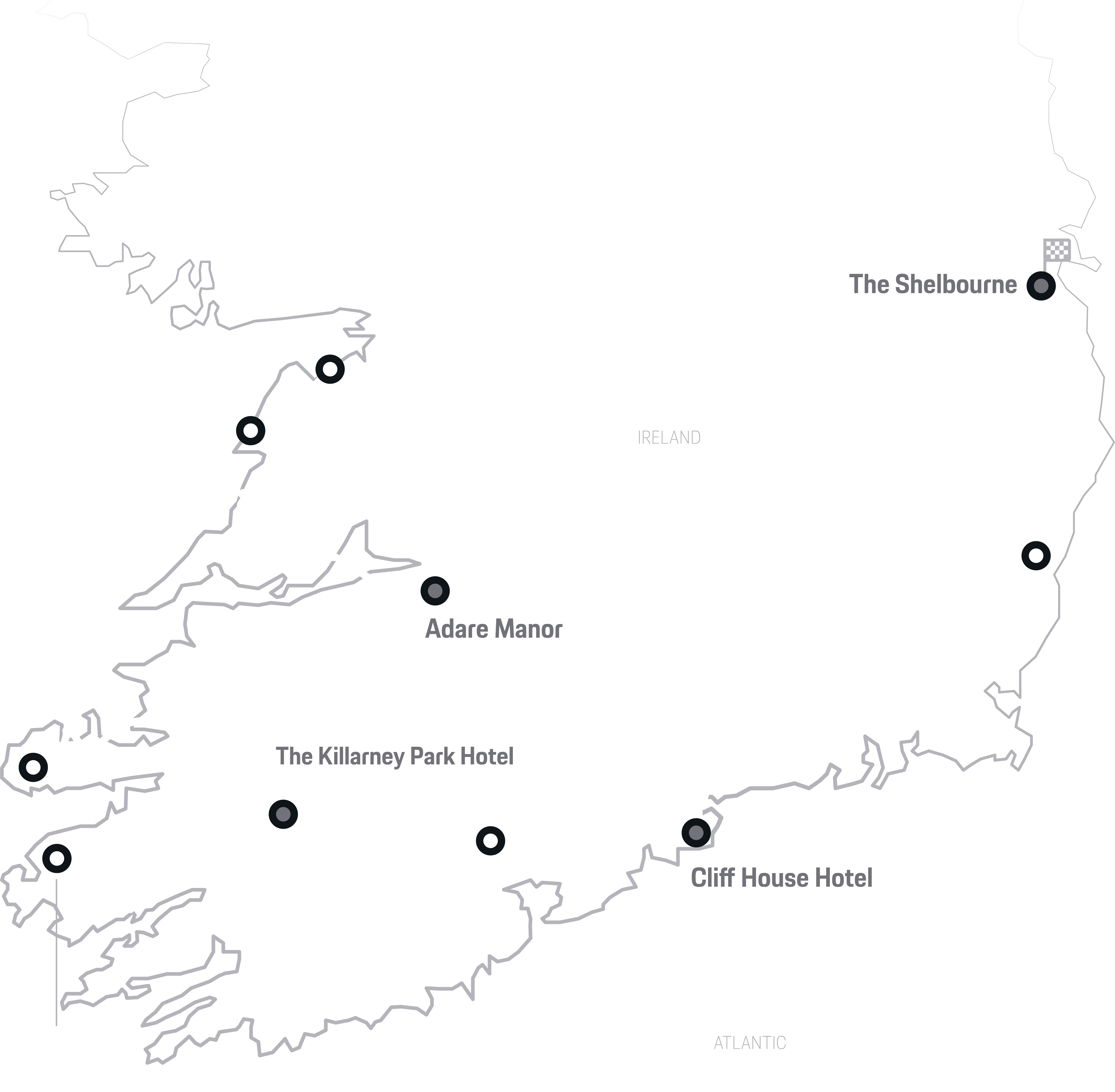 Map of Ireland showing travel route: Dublin, Gorey, Ardmore, Cork, Kenmare, and more locations.