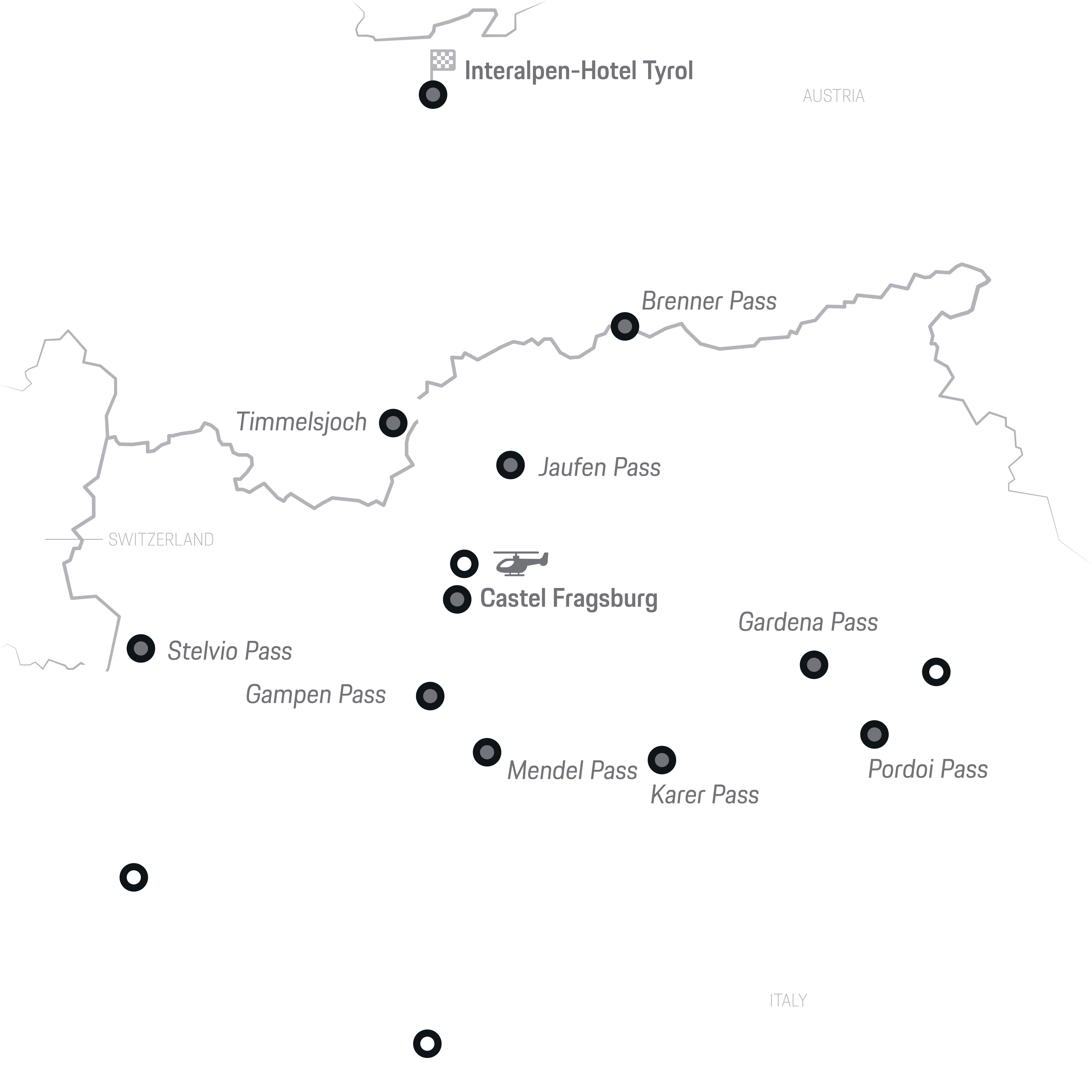 Map of Alpine mountain passes near Castel Fragsburg and Interalpen-Hotel Tyrol.