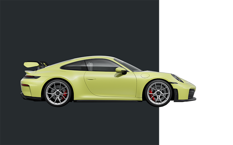 Seitenansicht eines hellgrünen Porsche Sportwagens mit elegantem Design und großem Heckflügel auf dunklem Hintergrund.