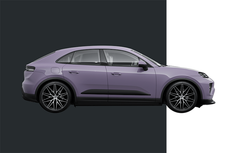 Lila Porsche SUV, elegantes Design, schwarze Alufelgen, Seitenansicht, dunkler Hintergrund.