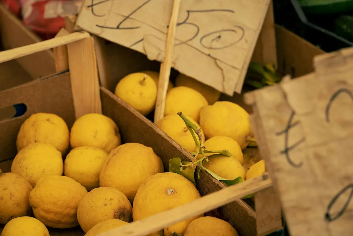 Yellow lemons on sale at market with handwritten price signs.