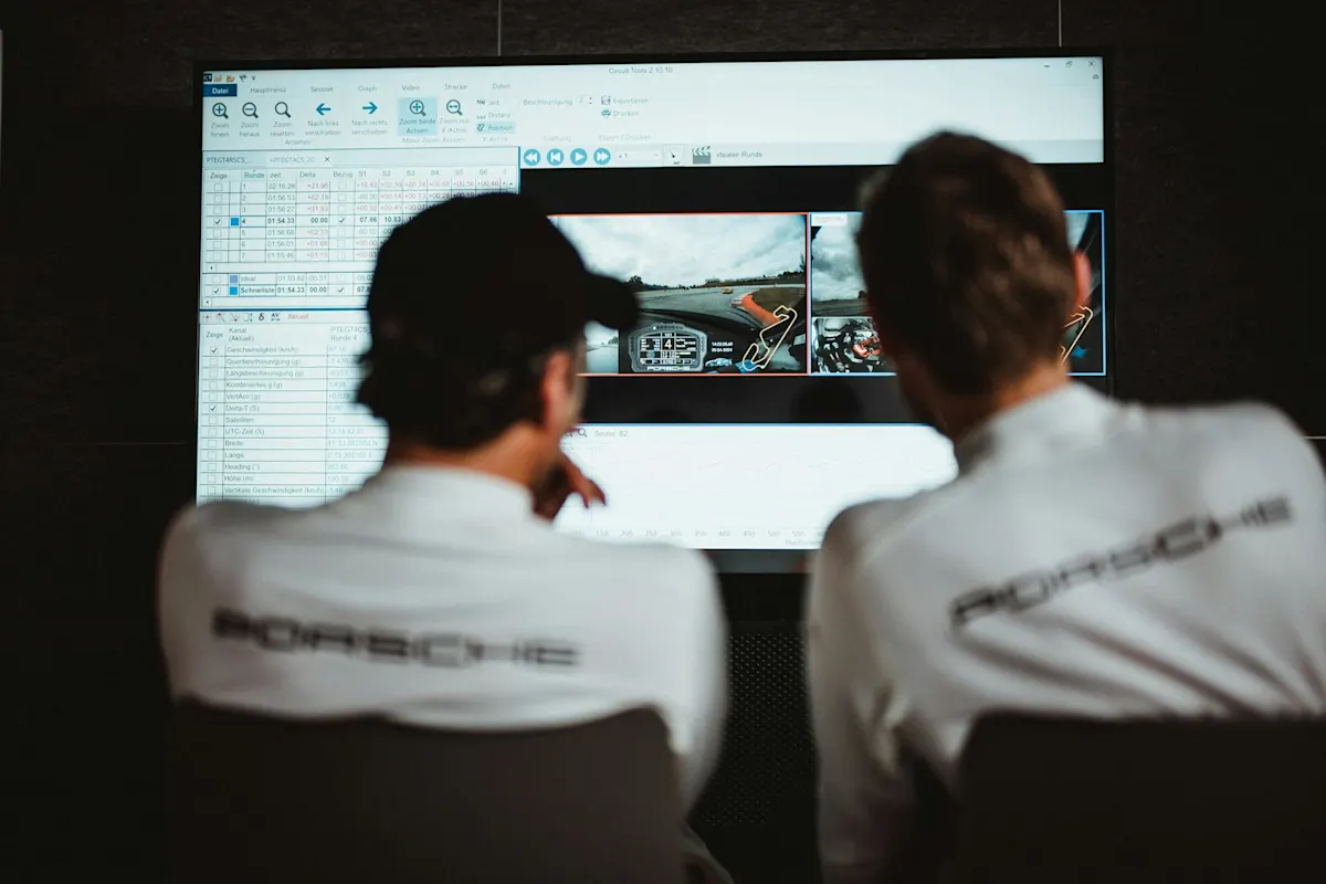 Two individuals in white shirts observe race data on a big screen with track graphics and charts.