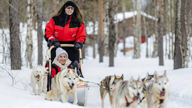 Two people dog sled in snowy forest, pulled by huskies.
