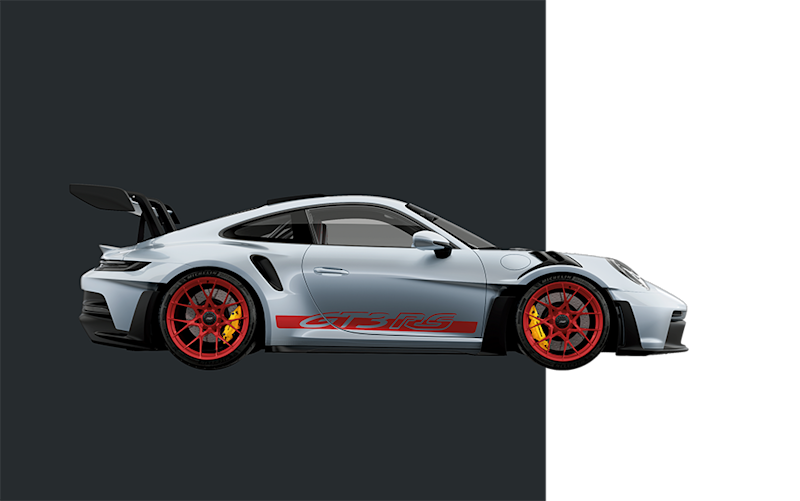 Schicker Porsche Sportwagen mit rotem Rad und GT3 RS-Beschriftung, in dunklem Ambiente.