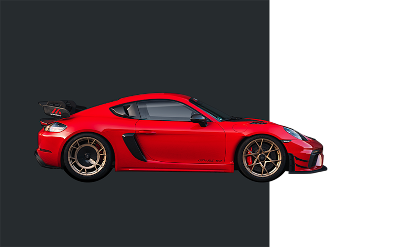 Roter Porsche-Sportwagen mit goldenen Felgen, schwarzen Akzenten, Heckspoiler, auf zweigeteiltem Hintergrund.