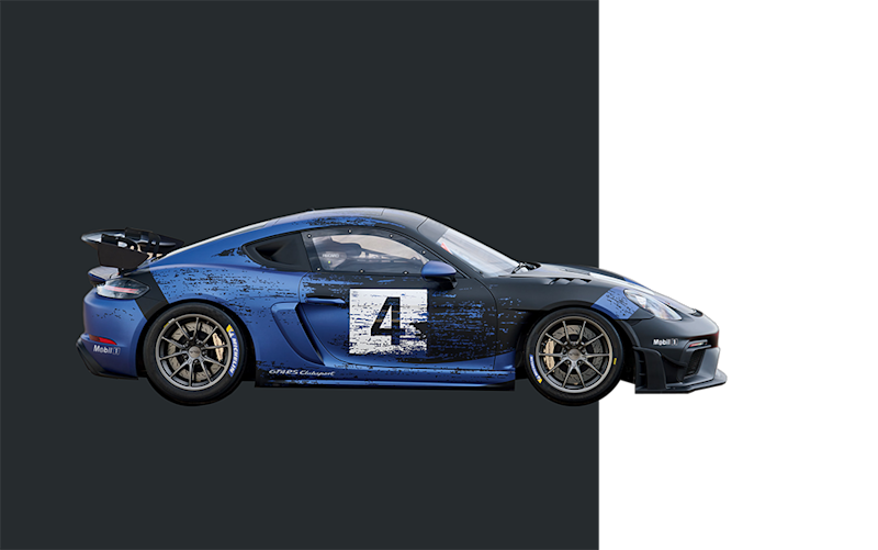 Blauer Porsche Sportwagen mit Rennstreifen, Nummer 4, auf dunklem Hintergrund.