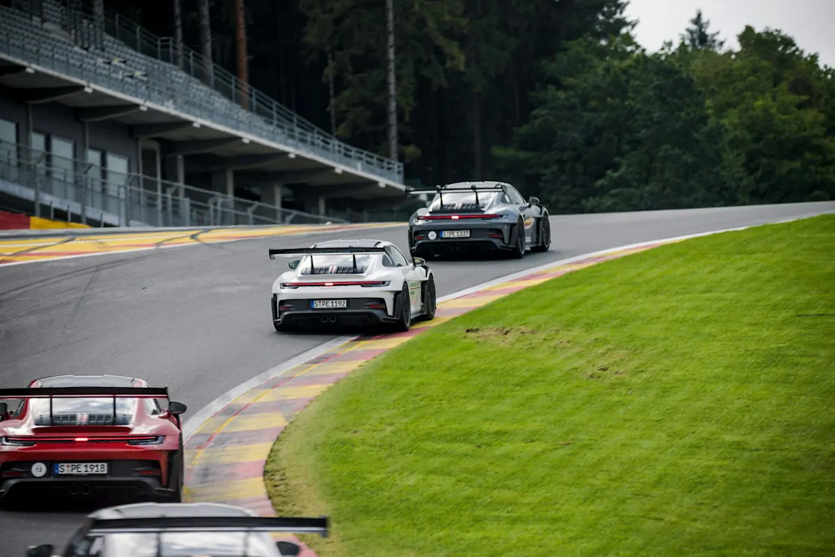 Porsche sports car races on a curvy track with grass, trees, and a stand in the background.