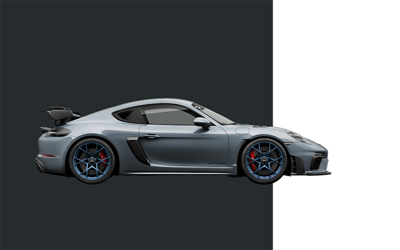 Grauer Porsche Sportwagen mit blauen Rädern, Seitenprofil, Heckspoiler, aerodynamisches Design, einfacher Hintergrund.