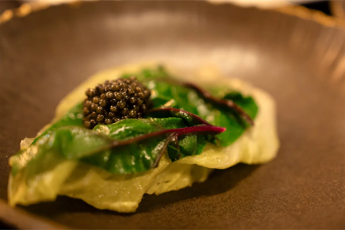 Gourmetgericht mit Kaviar und Kräutern auf Keramikteller.