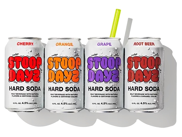 Stoop Dayz hard soda with different flavors including Cherry, Orange, Grape, and Root Beer