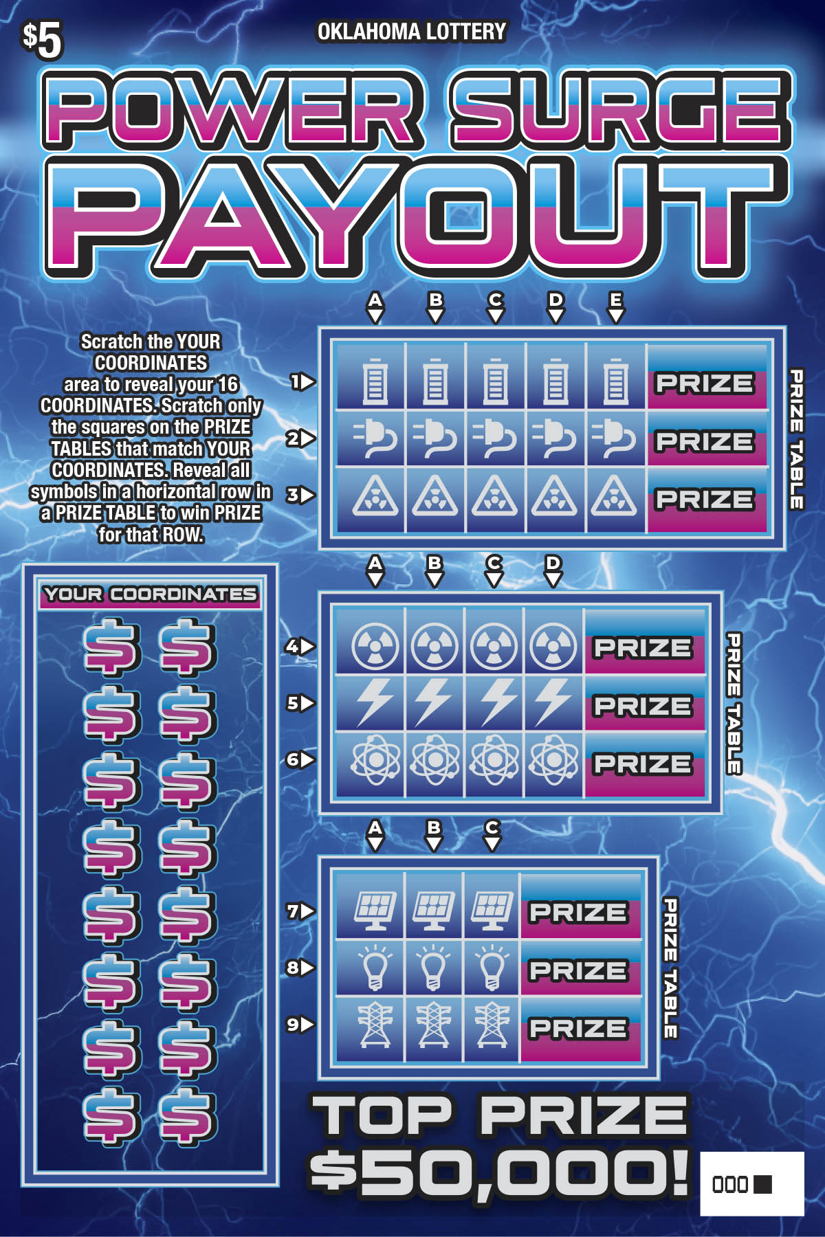 Power Surge Payout Oklahoma scratch-off ticket