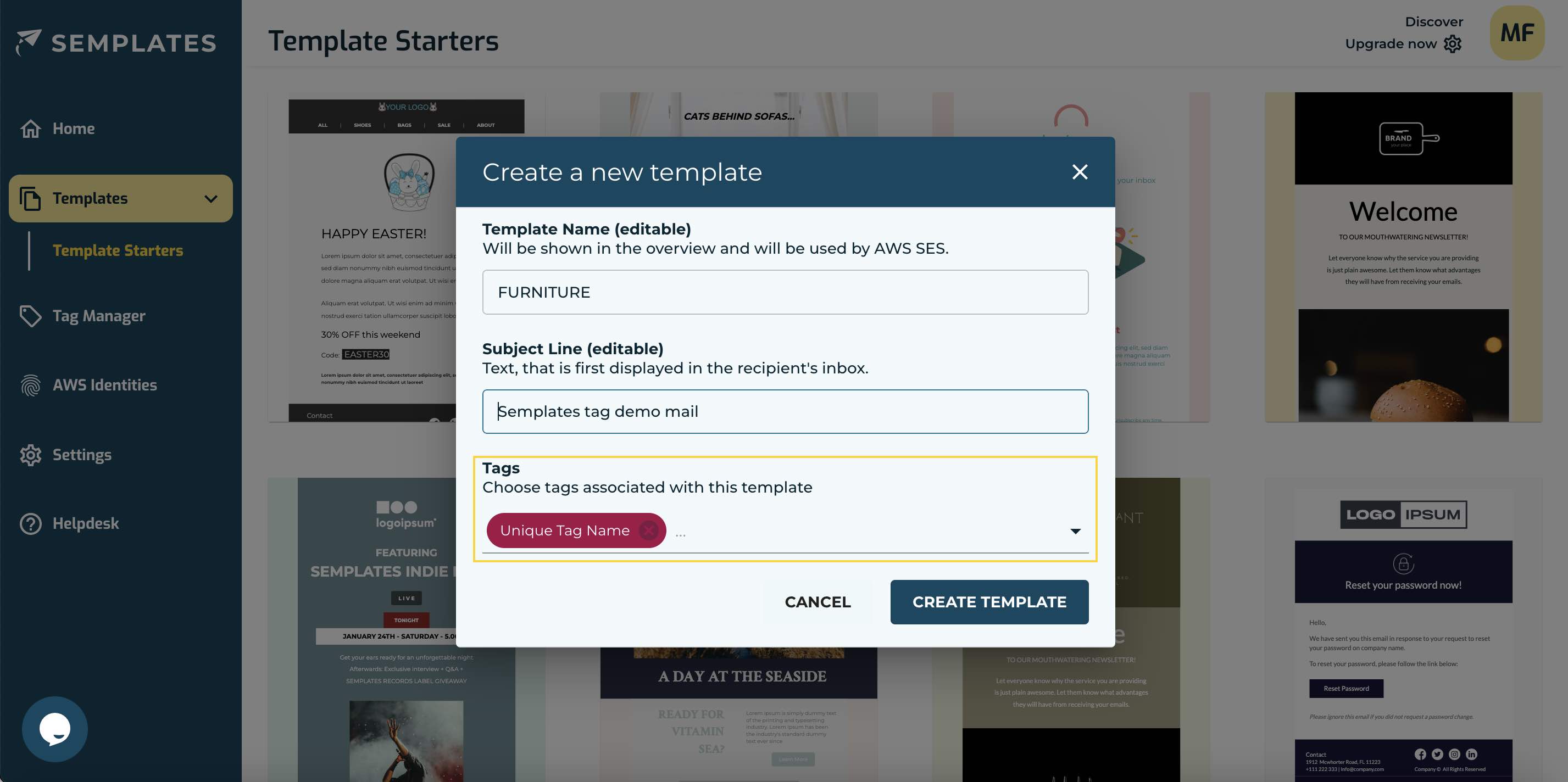 Screenshot of the template starters showing the create template dialog
