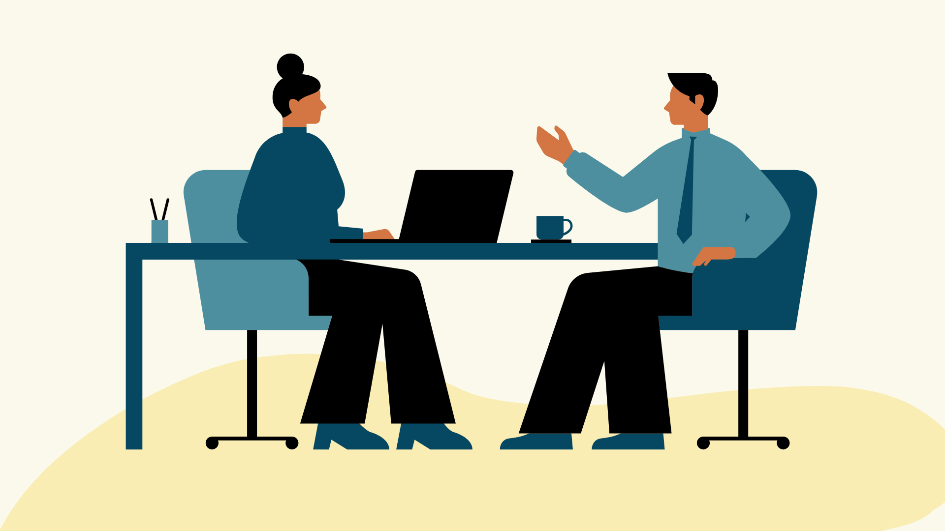 This image shows a stylized graphic of a desk at which two people are sitting and talking. It serves to illustrate the article: How Agencies Use Semplates to Manage AWS SES Email Templates Across Multiple Clients