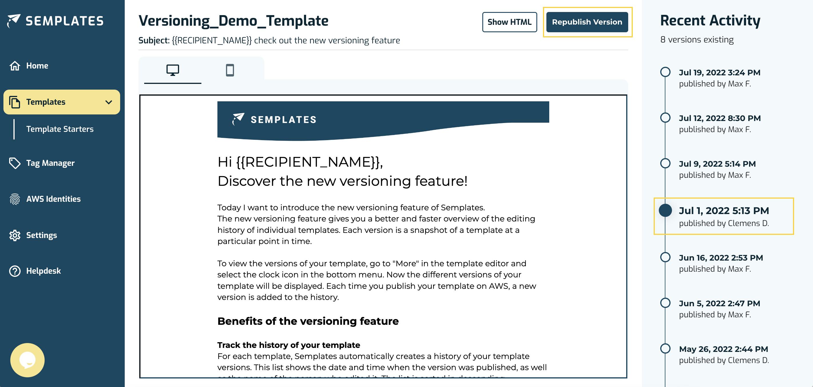 Screenshot of the versioning feature to illustrate the republishing process