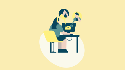 This graphic shows a woman at her computer communicating with her colleagues. It is intended as an illustration for the article "Making the Right Choice: AWS SES vs WorkMail". 