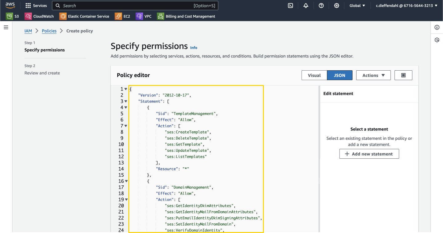Screenshot that demonstrates how to put the right action permissions into place when creating a new policy