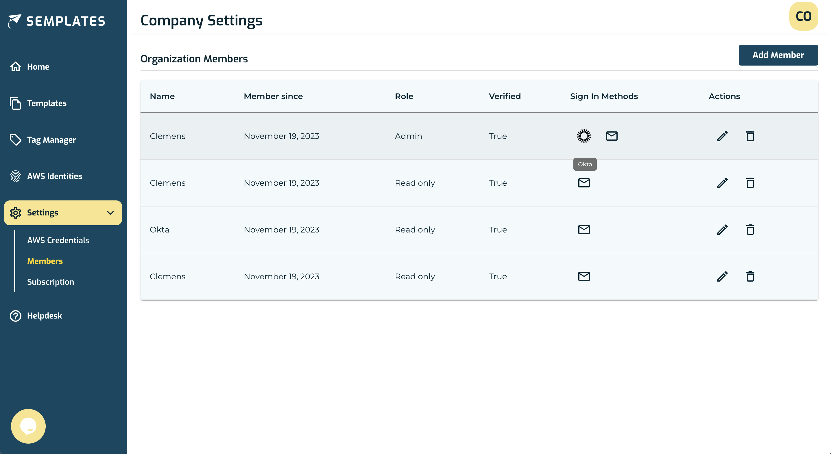 Screenshot of the members table, depicting where to review users connected sign in methods