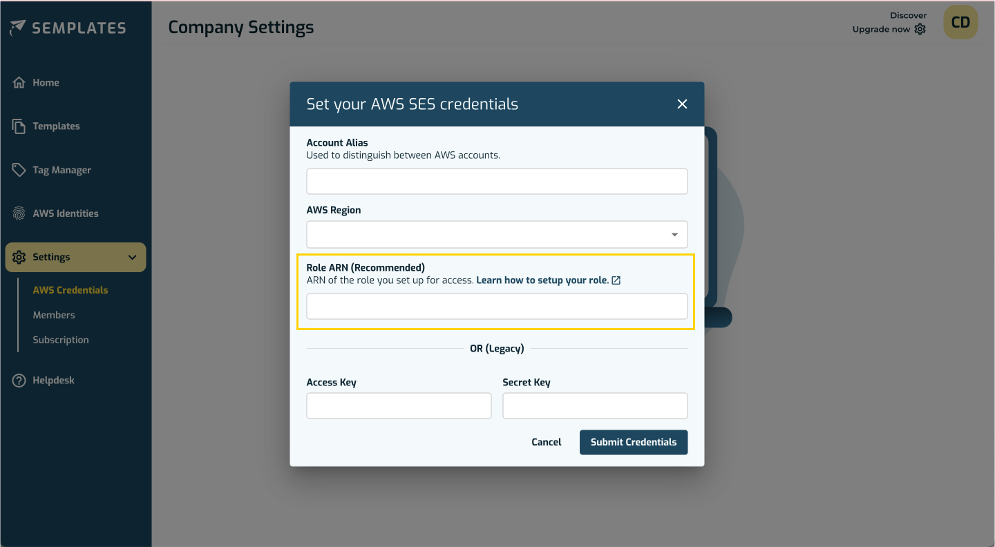 Screenshot of the menu in Semplates where users can add their AWS SES accounts