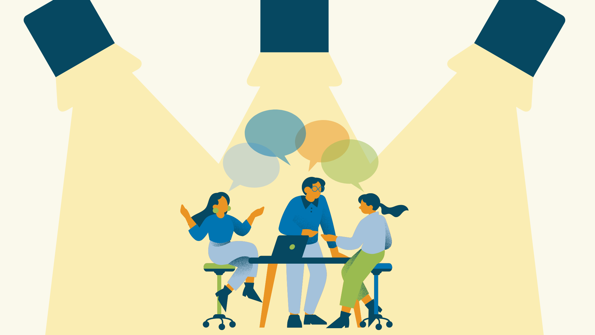 This image shows a graphic of a team illuminated by spotlights. It serves as an illustration for the article “Introducing the New Team & Access Feature in Semplates”.