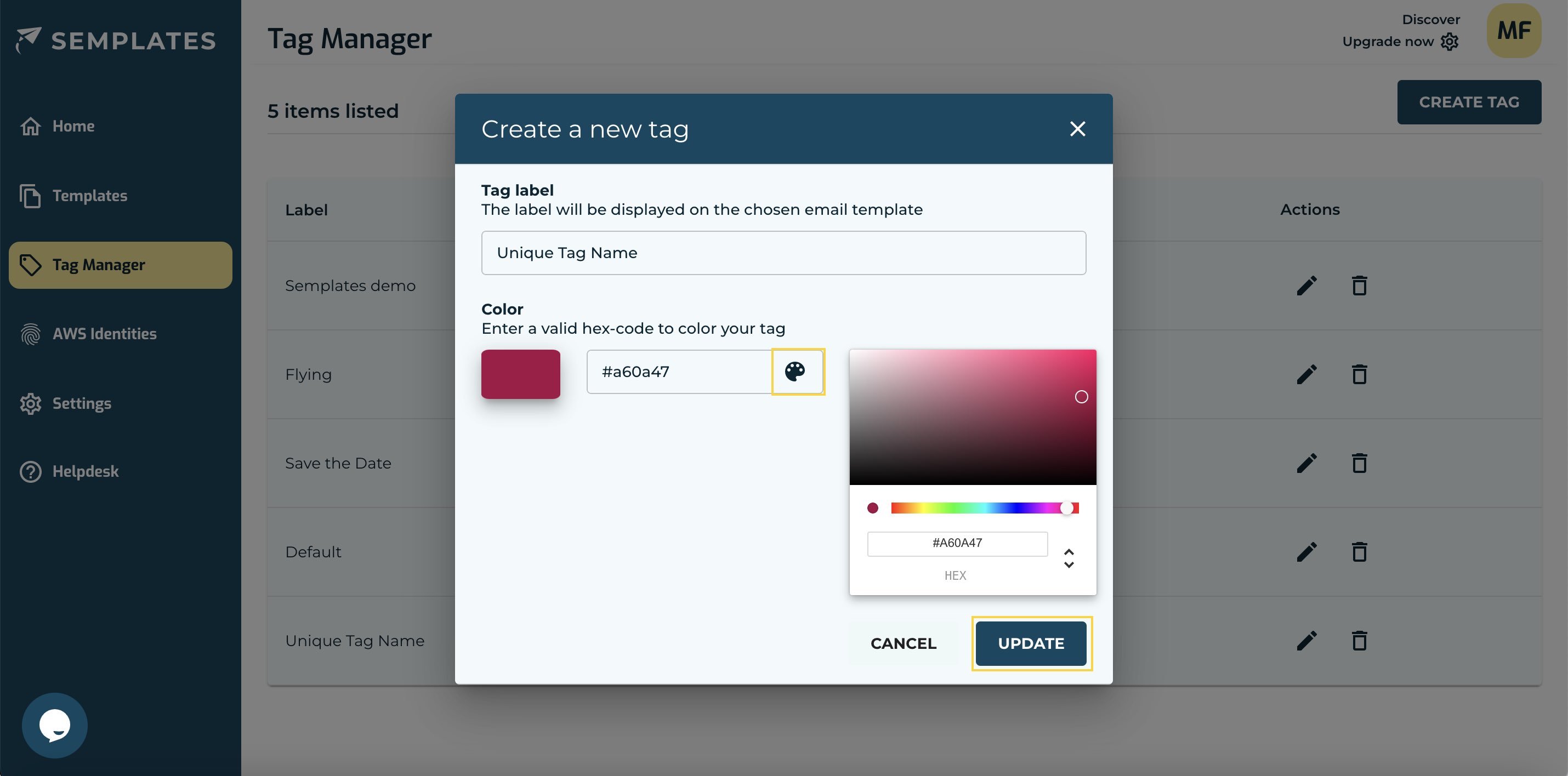 Screenshot of the tag manager showing the create trag dialog