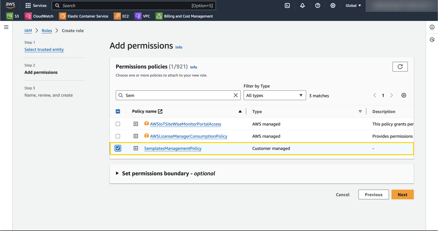 Screenshot showing where to attach permissions to the new IAM role