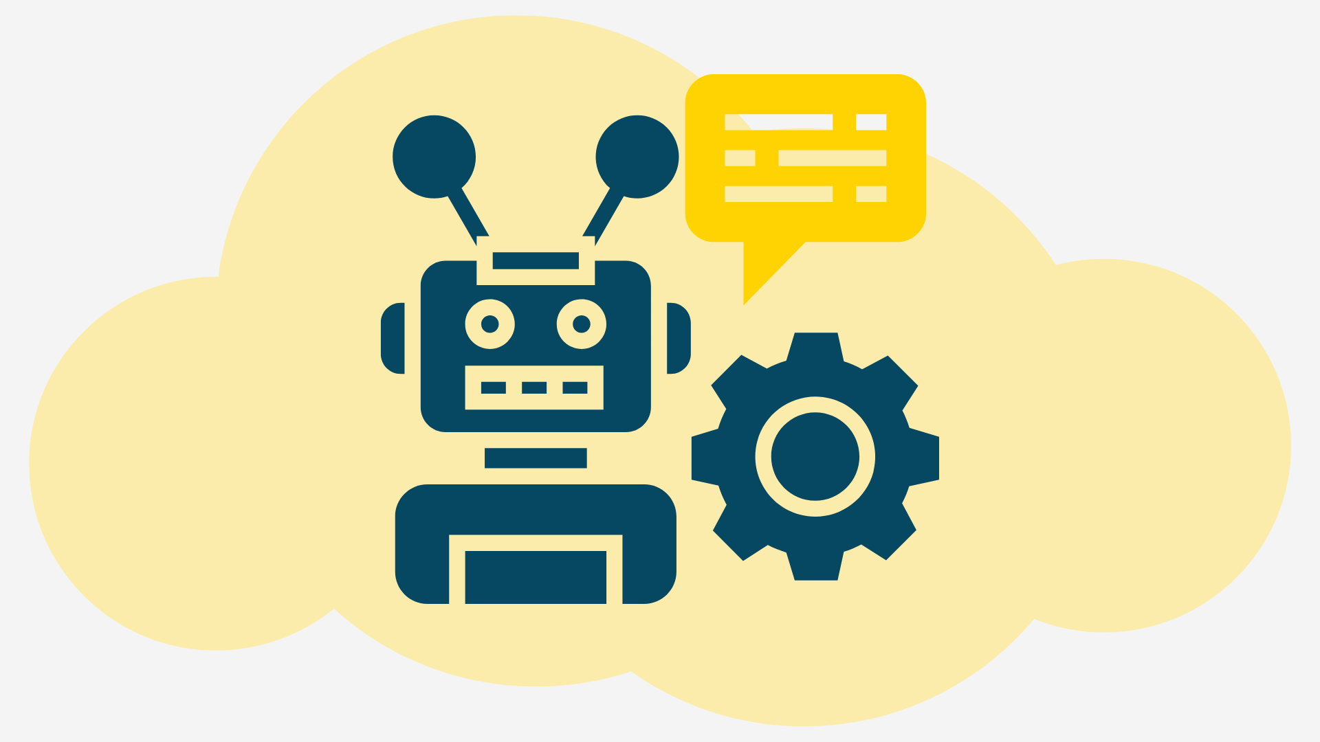 Illustration of a friendly robot with a gear icon and speech bubble on a pale yellow cloud, symbolizing AWS SES email automation, DevOps workflows, and intelligent system notifications.