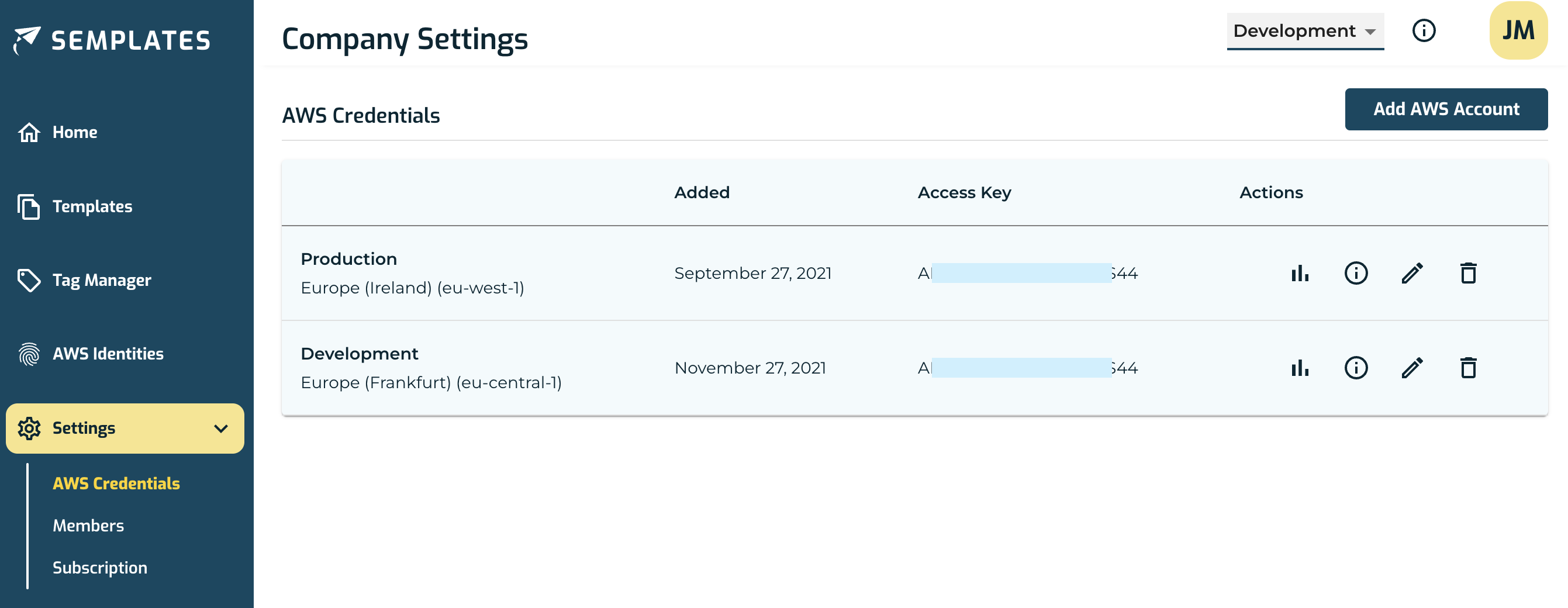 Account Overview of AWS Accounts connected within Semplates
