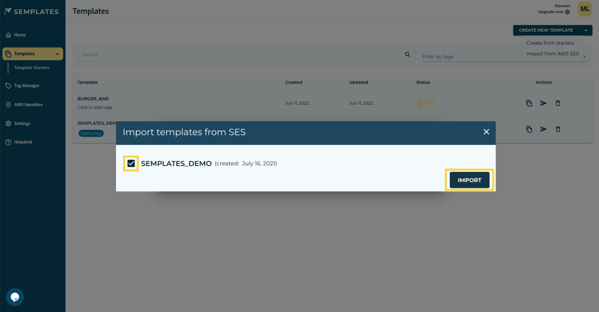 Screenshot of the Template manager in Semplates that shows the import dialog