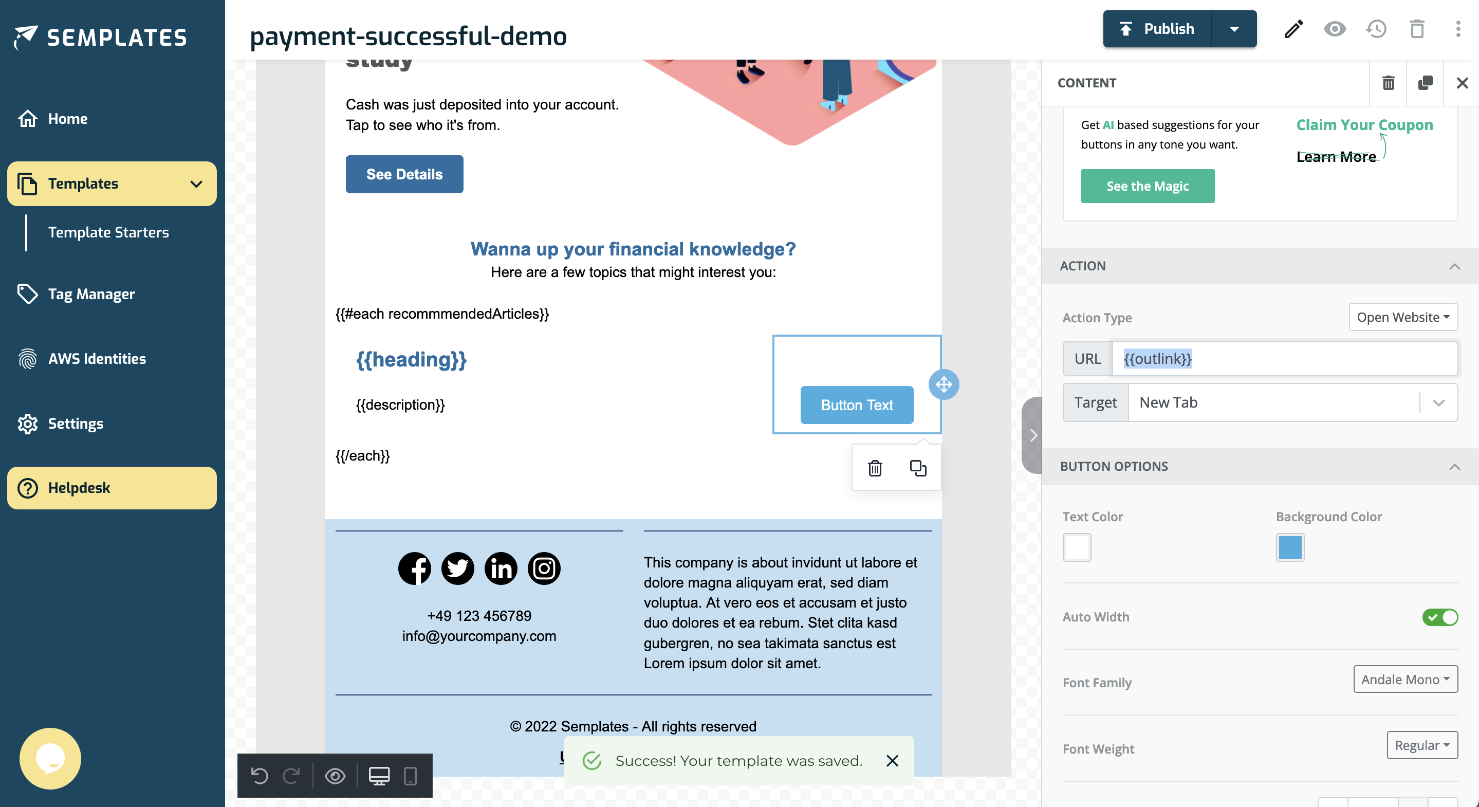 Semplates' template editor showcasing the use of loops and nested objects