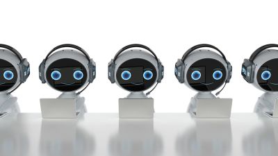 This image shows several small robots sitting in front of laptops. It is meant to symbolize the automation of email communication. 