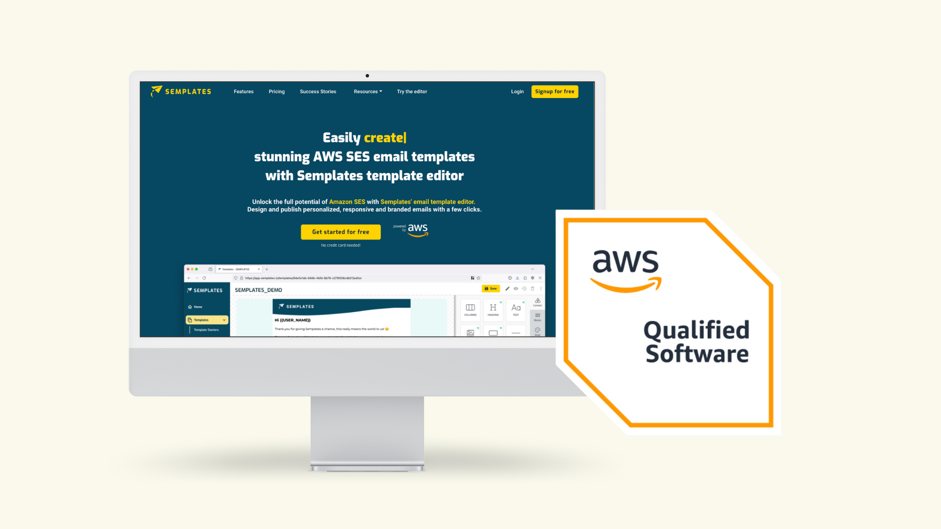 Image showcasing the Semplates email template editor on a desktop screen alongside the AWS Qualified Software Badge, highlighting Semplates' certification for secure and reliable AWS SES integration.