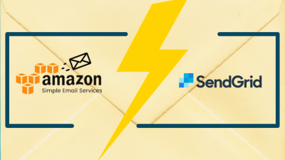 This image shows the AWS SES and SendGrid logos divided by a lightning bolt. In the background is a letter envelope. The image serves as an illustration for an article comparing the two services. 