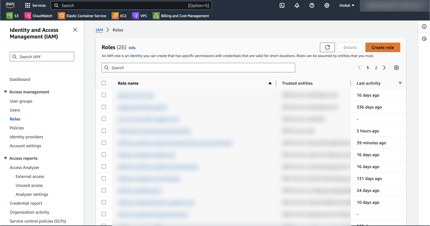 Screenshot showing the AWS IAM dashboard with the 'Create role' button