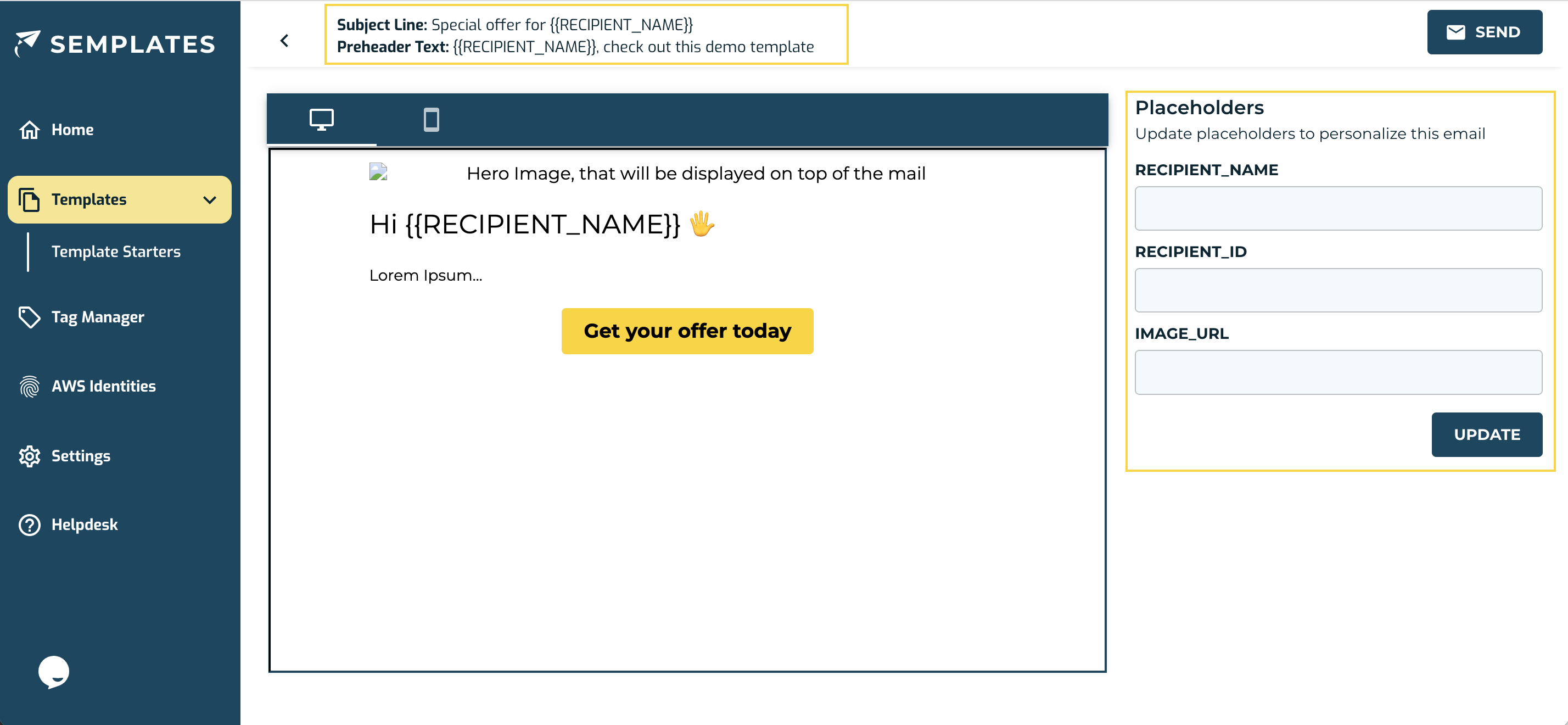Screenshot of the template preview that shows placeholders in the subject line