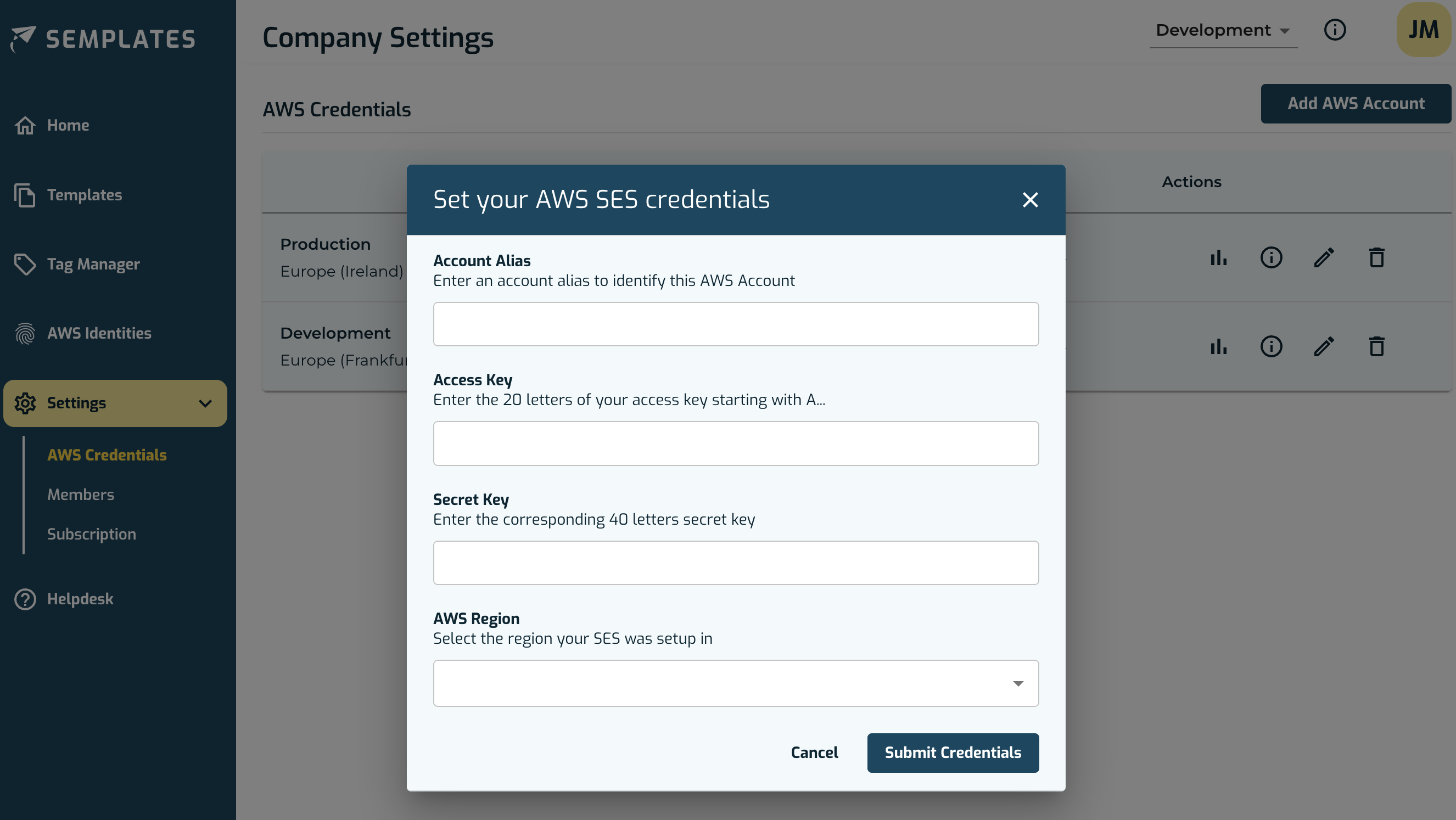 Dialog to connect AWS Account with Semplates