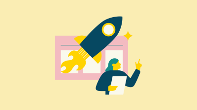 This image shows a stylized graphic of a rocket, an email template and a person. It is intended as an illustration for the article "Updating Your AWS SES Email Templates Has Never Been Easier". 