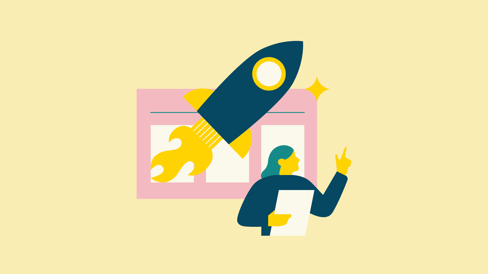 This image shows a stylized graphic of a rocket, an email template and a person. It is intended as an illustration for the article "Updating Your AWS SES Email Templates Has Never Been Easier".