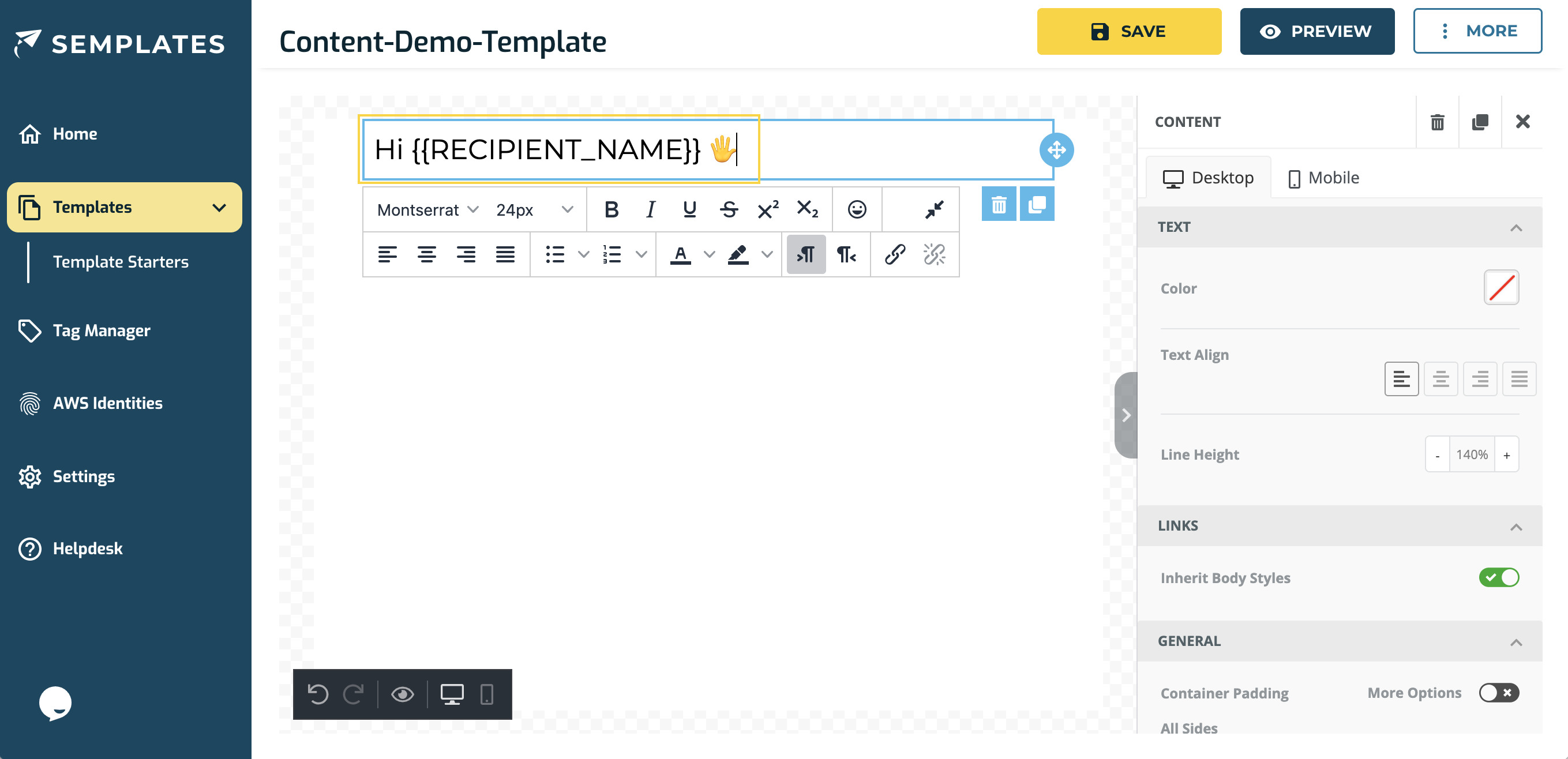 Screenshot of the Template editor showing how to add a placeholder into a link URL