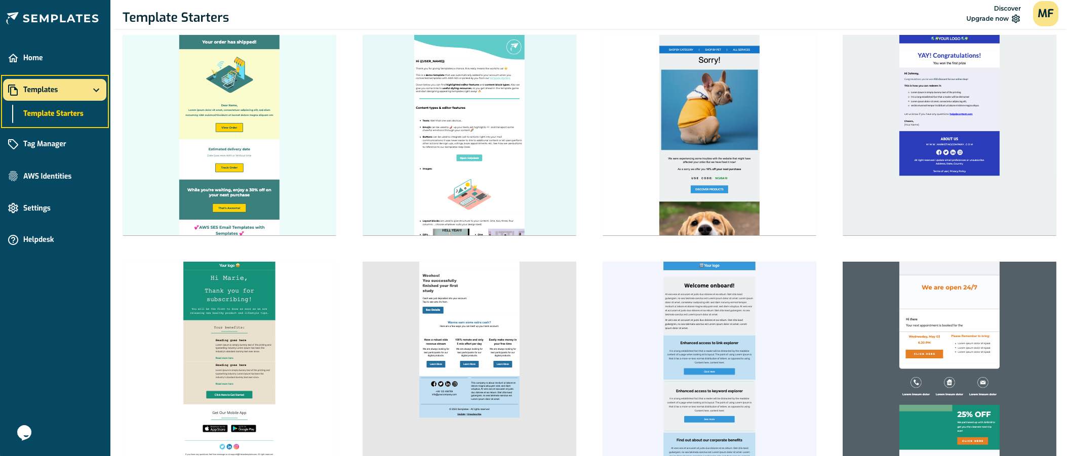 Screenshot of the template starters section
