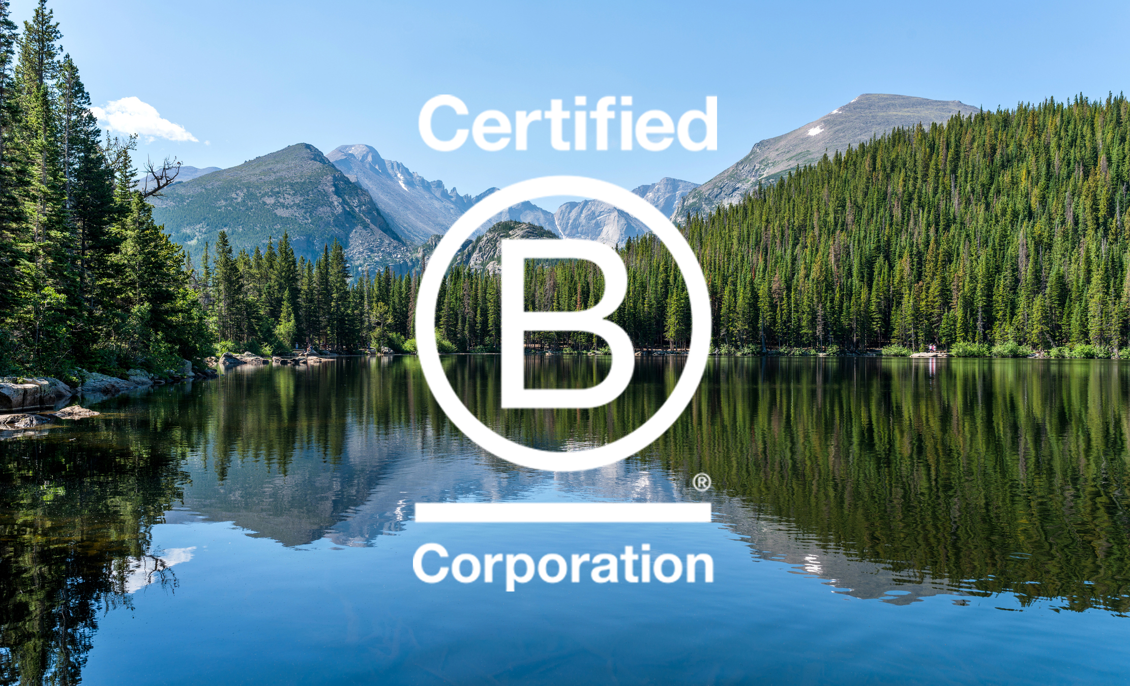 B Corp logo over mountains. CleanChoice Energy is a Certified B Corporation.