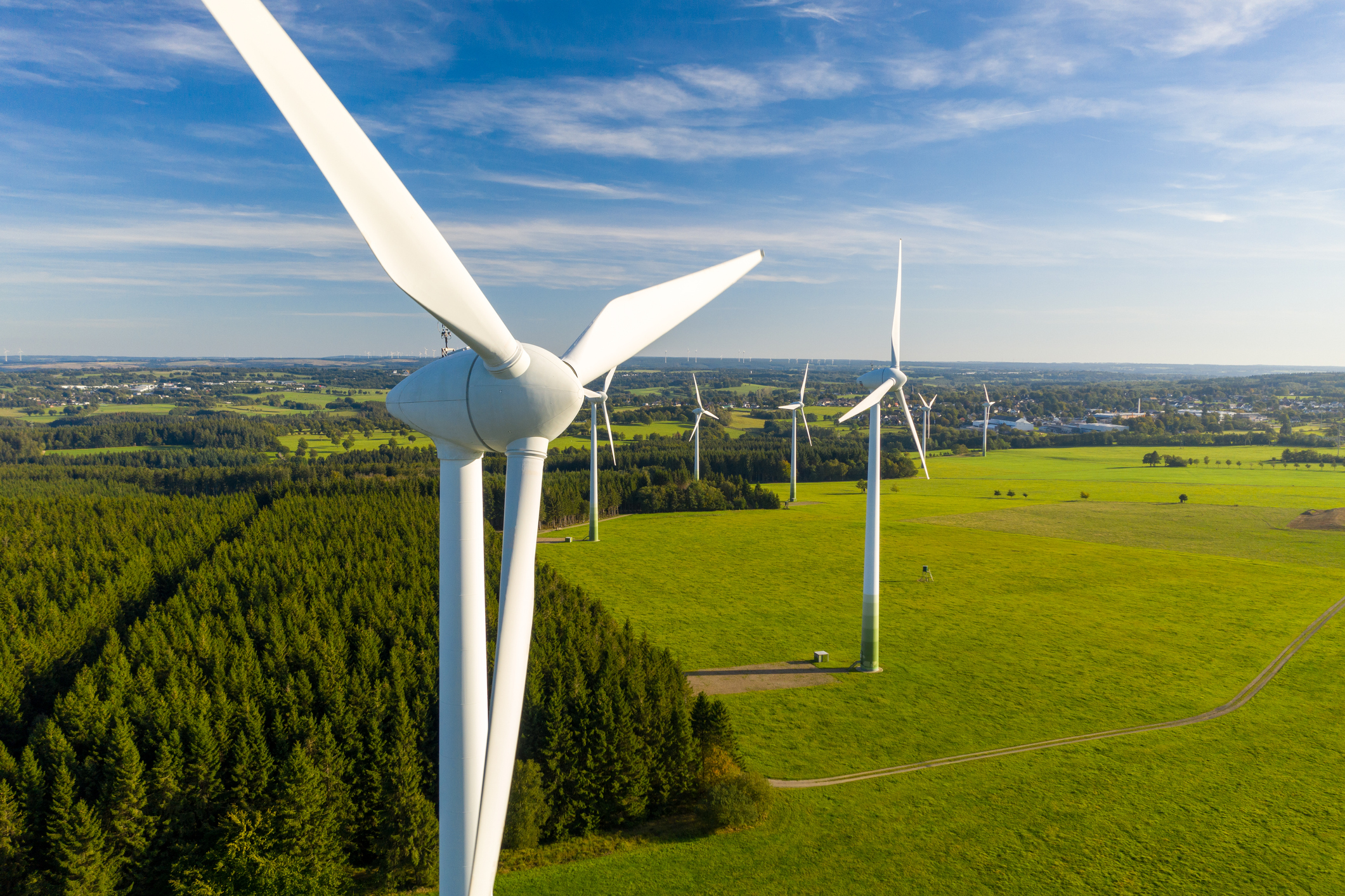 Wind turbines in a wind farm producing clean, renewable energy in Massachusetts 