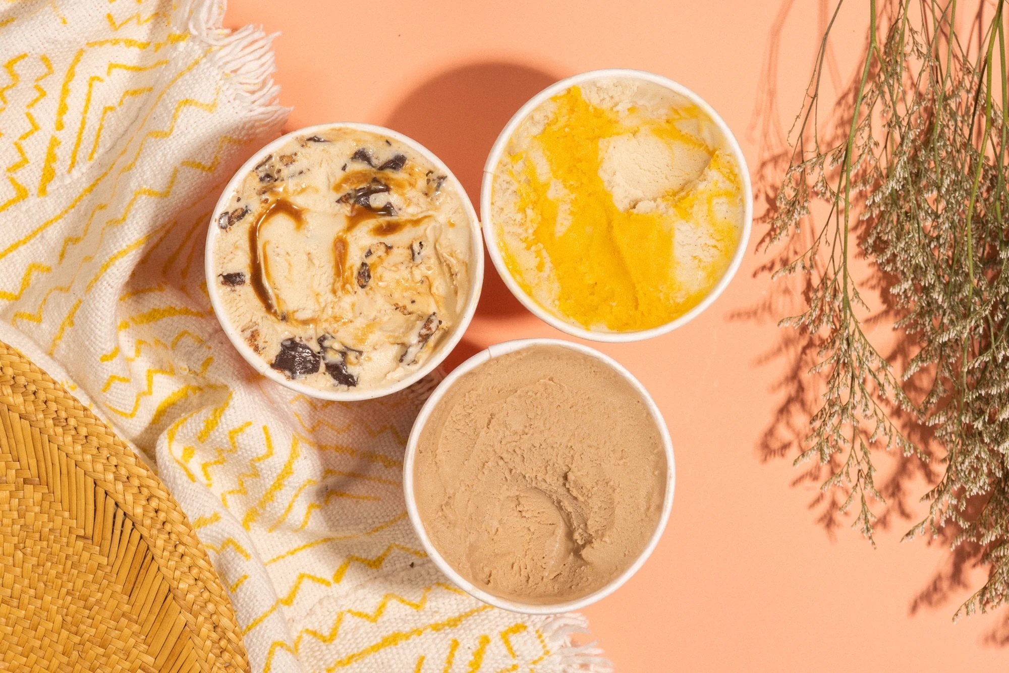 Plant-based ice cream from Frankie and Jo’s: Vanilla Caramel Cone, Blue Star Coffee, and Mango Sorbet Swirl!
