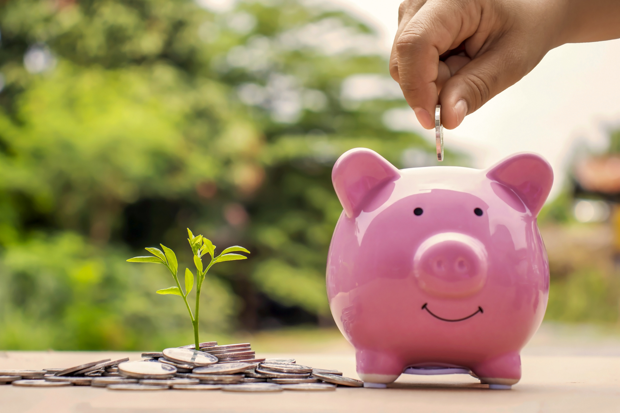 Person putting coins into a piggy bank.