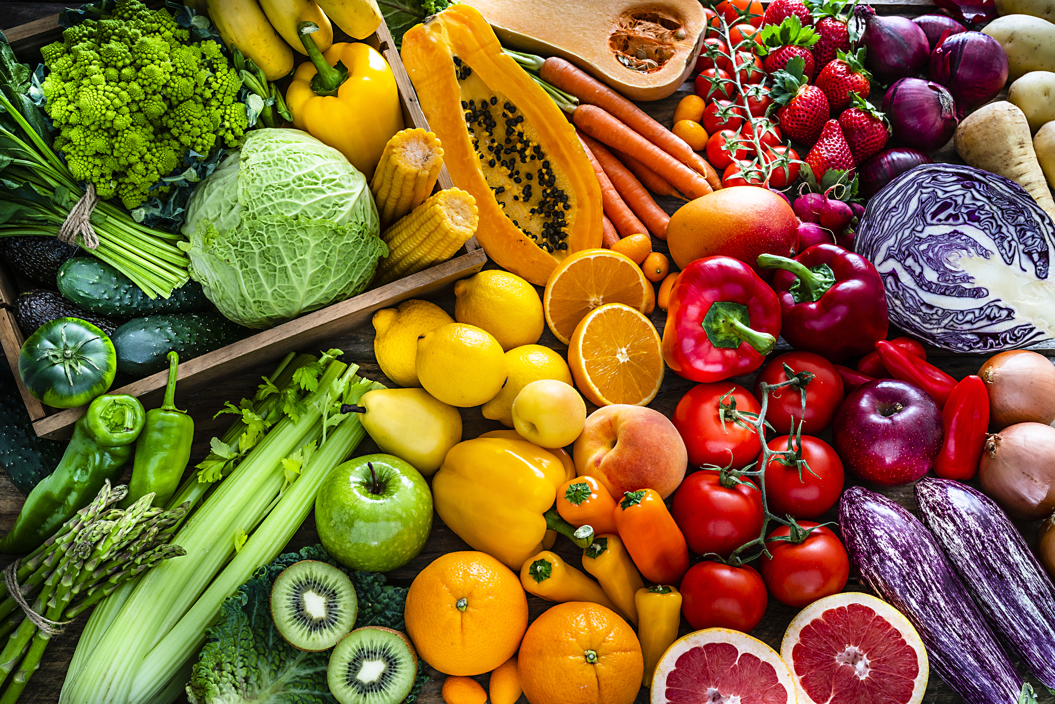 A colorful array of fruits and vegetables.