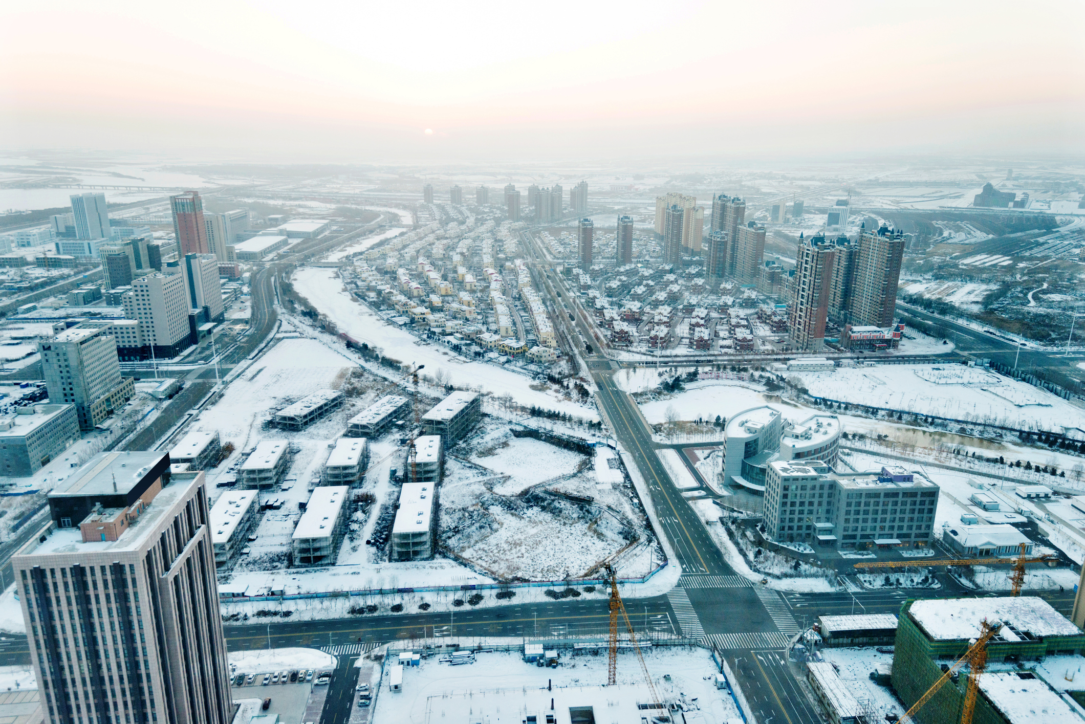 A snowy downtown city.