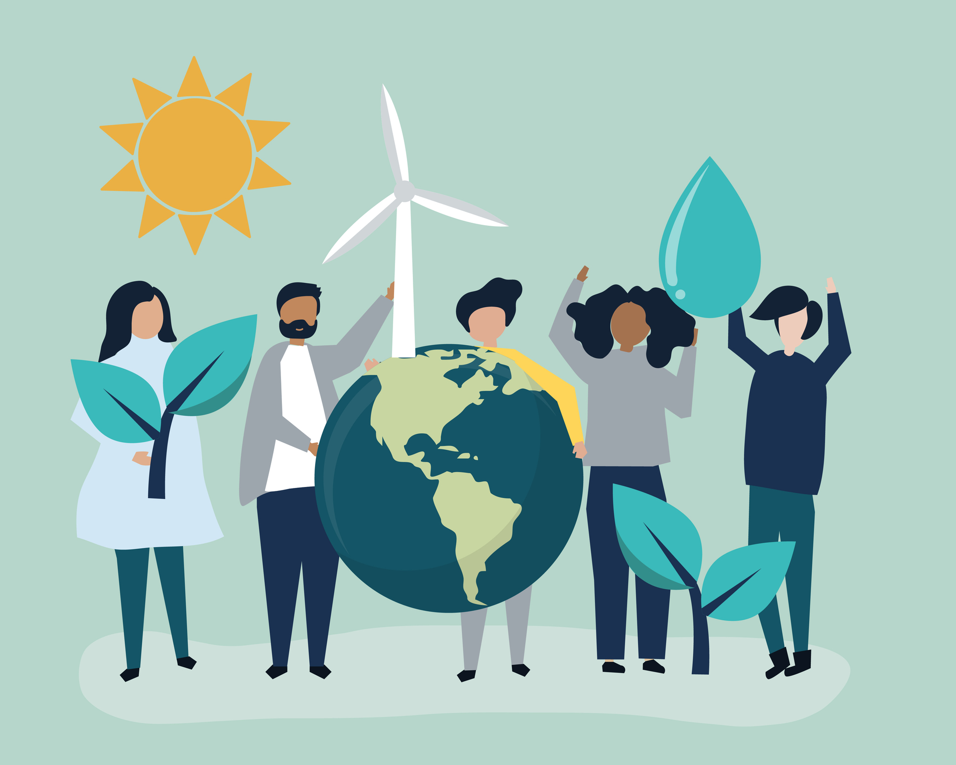 A graphic of environmental justice - people with a globe, plants, water, the sun, and a wind turbine.